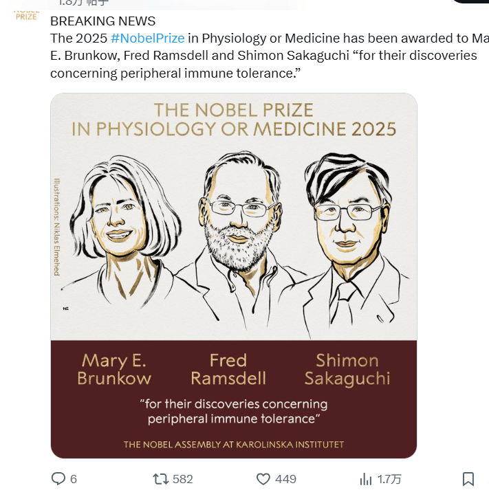 皇冠信用网如何申请_2025诺贝尔医学奖揭晓：表彰“关于外周免疫耐受的发现”皇冠信用网如何申请，三位科学家共享殊荣